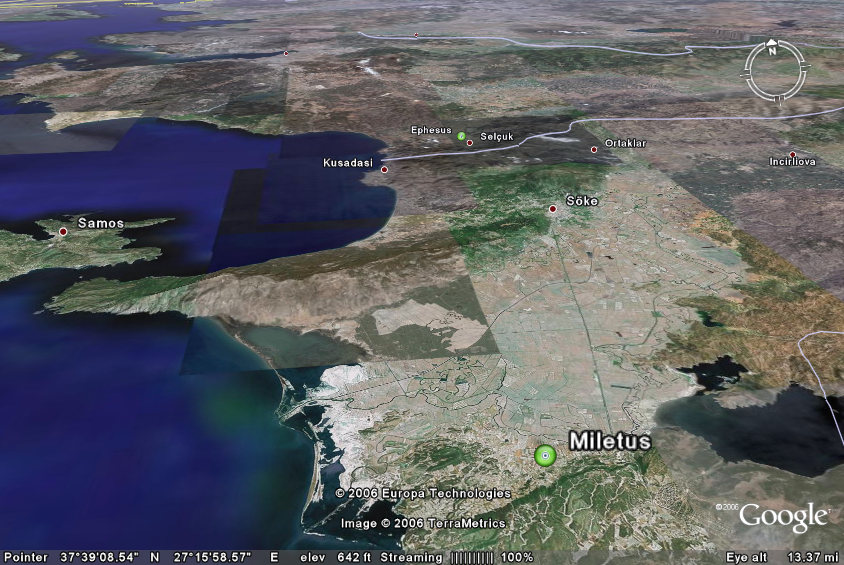 Google Earth display showing Ephesus and Miletus