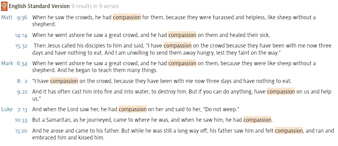 verses in the Gospels mentioning 'compassion'